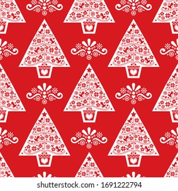 Vector de arte folclórico de Navidad - Diseño escandinavo con pájaros, flores y copos de nieve 
