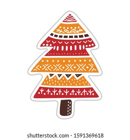Christmas Tree in Folk style. Hand drawn vector illustration in Scandinavian, Nordic style. Good for t-shirt design, gift card, kids products, poster or textile design. 
