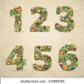 Christmas tree font with baubles - vintage style. Vector illustration.