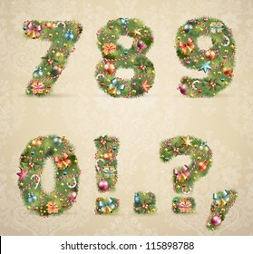 Christmas tree font with baubles - vintage style. Vector illustration.