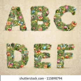 Christmas tree font with baubles - vintage style. Vector illustration.