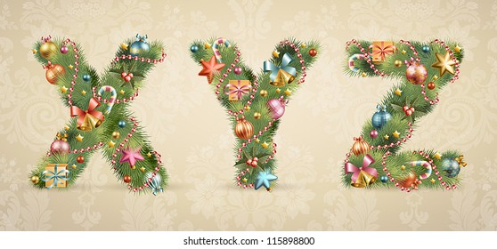 Christmas tree font with baubles - vintage style. Vector illustration.