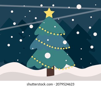 Árbol de Navidad en el bosque, árbol de Navidad decorado. Invierno, paisaje de Año Nuevo. Árbol de Navidad con guirnalda en el bosque invernal