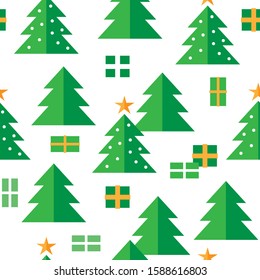 Christmas tree forest and gift boxes flat geometric elements isolated on white background winter holiday seasonal seamless pattern