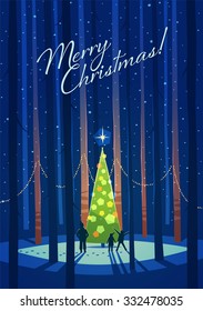 Christmas tree in the forest. Greeting card \ background \ poster. Vector illustration.