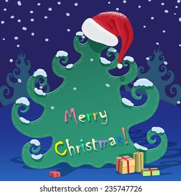 Christmas tree in the forest on a background of the dark blue sky