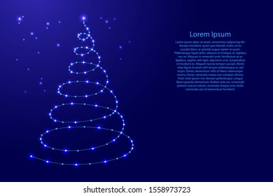 Christmas tree in the form of an abstract spiral from futuristic polygonal blue lines and glowing stars for banner, poster, greeting card. Vector illustration.