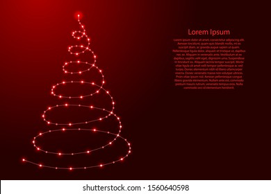 Christmas tree in the form of an abstract spiral from futuristic polygonal red lines and glowing stars for banner, poster, greeting card. Vector illustration.