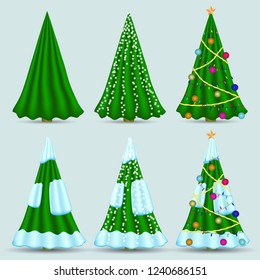 Christmas tree in the form of fabric vertically. With decorations and snow. Vector illustration
