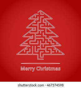christmas tree in the form of a labyrinth for Christmas card on red background