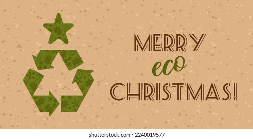 Christmas tree in the form of a recycling symbol. Environmentally friendly. Snowflake, holly. Post-holiday cleaning, green holidays, reasonable consumption. Horizontal banner for website, poster