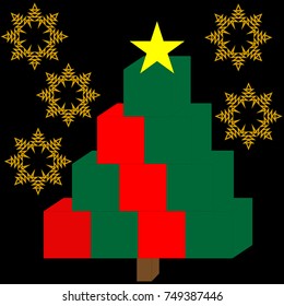 Christmas tree formed by cubes and a star. snowflakes behind. vector illustration.

