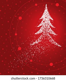 Christmas tree formed by a magical trail of flying points on red background