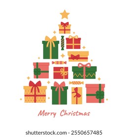 Christmas tree formed from colorful gift boxes with ribbons and bows, candies and stars. Stack of presents in shape of tree. Merry Christmas greeting card, banner or poster. Vector flat illustration