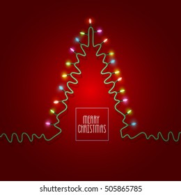 Christmas tree formed garland lights on red background. Christmas greeting card, invitation template. Vector illustration