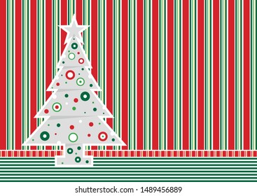 Christmas tree formed with gray triangles with a star on the tip adorned with red, green and white circles on a wall with tapestry of red and green bars. Vector image
