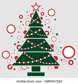 Christmas tree formed with green triangles adorned with red and white circles, green stars flying around the tree on a gray background. Vector image
