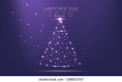 Christmas tree frame 2020 of bright light from particles popular purple background. Symbol of Happy New Year, Merry Christmas holiday celebration. Low polygonal mesh art vector illustration