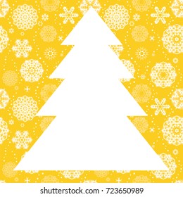 A Christmas tree frame or border white random scatter falling snowflakes on a golden background.