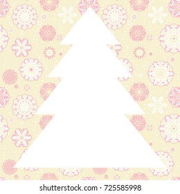 A Christmas tree frame or border white random scatter falling snowflakes on a light background.