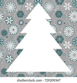 A Christmas tree frame or border white random scatter falling snowflakes on a grey background.
