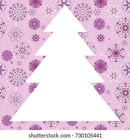 A Christmas tree frame or border white random scatter falling snowflakes on a pink background.