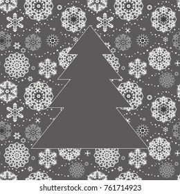 A Christmas tree frame or border white random black and white falling snowflakes isolated on grey