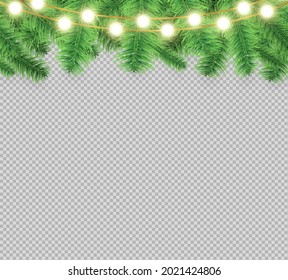 Christmas tree frame with gold garlands from above, Decorations for the new year, Isolated on transparent background