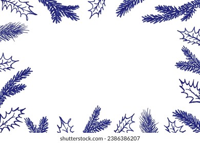 Christmas tree frame with hand drawn floral elements. Vector background for car or invite