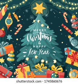 Christmas tree frame illustration. Cartoon flat style card. Vector holiday poster. Fir tree with gifts and balls on dark background