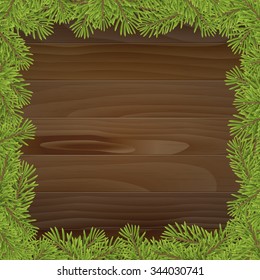 Christmas tree frame isolated on wood plank background. vector illustration. 