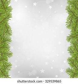 Christmas tree frame on blurred silver star background. vector illustration. 