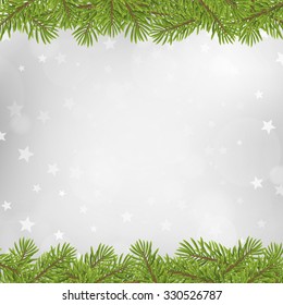 Christmas tree frame on blurred silver star background. vector illustration. 