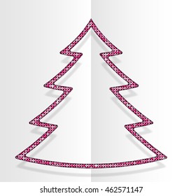 Christmas tree frame with pink sequins, glitters, sparkles, paillettes. Party holiday background with shiny sequins. Pink dots glitter texture. New Year and Christmas. Bright frame. Repeat.