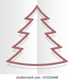 Christmas tree frame with red sequins, glitters, sparkles, paillettes. Party holiday background with shiny sequins. Red dots glitter texture. New Year and Christmas. Bright frame. Repeat.