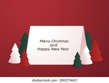 Christmas tree frame wallpaper. Christmas tree frame 3D. Winter Christmas Red background with tree Xmas. New Year greeting card design with stylized Christmas tree. Vector illustration.