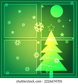christmas tree and frost look outside window with stars and moon