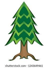 Christmas tree full color picture. Paper cut conifer tree vector illustration with gradient. Green tree: trunk, needles, roots.