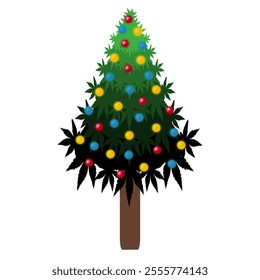 Christmas tree with full decorations isolated on transparent background, Xmas decorations, Happy New Year, PNG vector illustration.