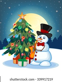 With Christmas Tree  And Full Moon At Night Background For Your Design Vector Illustration