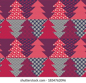 Christmas tree fun patchwork seamless pattern for background, fabric, textile, wrap, surface, web and print design. Winter vector geometric background rapport for textile and surface design. 
