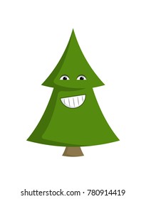 Christmas tree fun smiling emoji with teeth vector illustration of spruce winter holidays symbol icon isolated on white background, funny happy pine