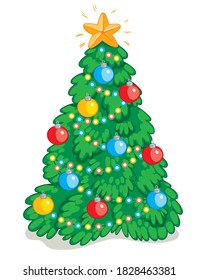 Christmas tree. Funny cartoon character. Vector illustration. Isolated on white background