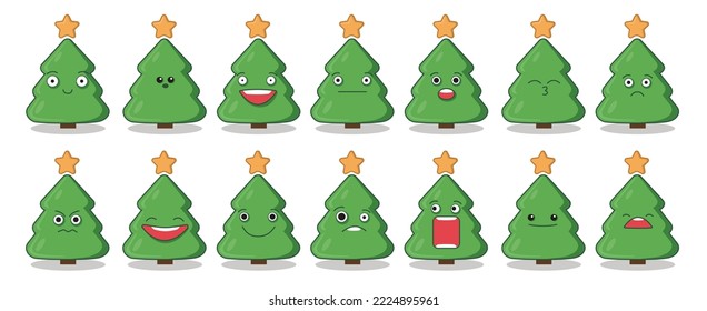 Christmas tree funny emoticons set. Joy, love, laugh, happy and sad green fir tree with decoration emoji symbols. Merry Christmas and happy new year vector elements. Smiley face with facial expression