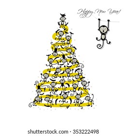 Christmas tree with funny monkeys for your design. Vector illustration