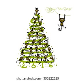 Christmas tree with funny monkeys for your design. Vector illustration