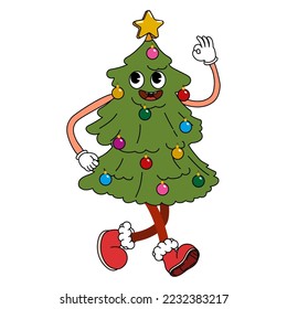 Christmas Tree funny retro comic Christmas character, gloved hands