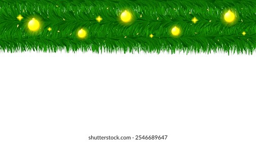 Christmas Tree Garland With Ball And Glowing Star Light Isolated On White Background With Copy Space. Vector Illustration
