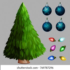 Árbol de Navidad con guirnalda y bolas. Ilustración del vector