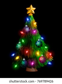 Christmas tree with a garland and balls. Vector illustration